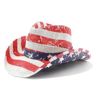 Detail of blue hatband with silver star rivets on American flag straw cowboy hat
