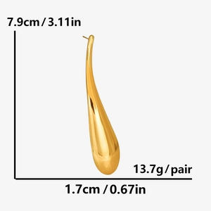 Detailed view of large gold teardrop earrings with measurements 7.9cm length and 1.7cm width