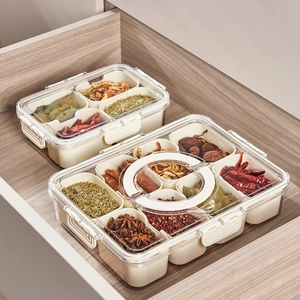 Food-grade divided transparent storage box with handles for spices and salad