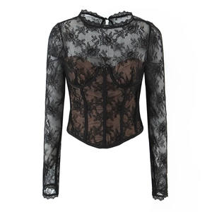 Top Sexy En Dentelle Noire À Manches Longues Pour Femmes Blouse Corset Fleurie Transparente Avec Baleines Et Doublure Nude