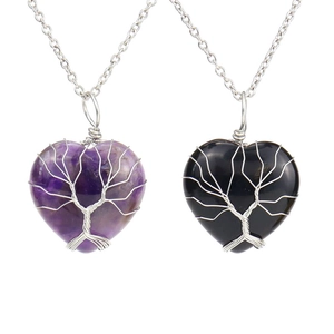 Heart Shape Tree Of Life Pendant Necklace Handmade Wire Wrapped Natural Stone Amethyst Crystal Healing Jewelry For Women