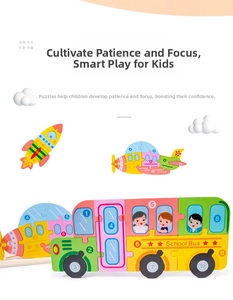 Detailed 3D wooden puzzle of school bus and rocket with numbers for preschool learning