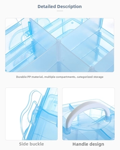 Detail view of durable blue PP jewelry box with compartments, secure buckles, and handle