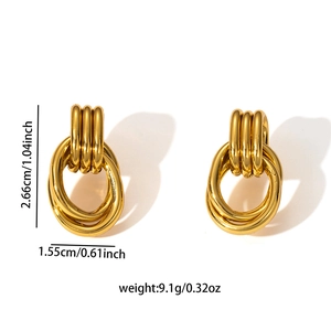 304 stainless steel golden earrings with triple ridge and double loop design features