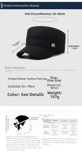 Size guide for men's winter warm flat cap showing brim length and head circumference