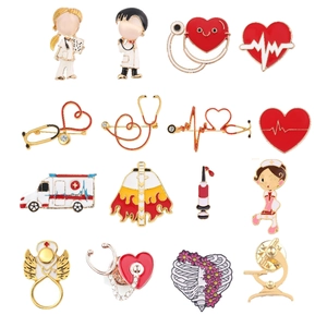 Set of 16 medical enamel pins with stethoscope and heart designs on white background