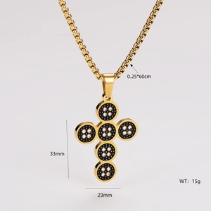Detail showing dimensions of gold stainless steel necklace with black cross pendant