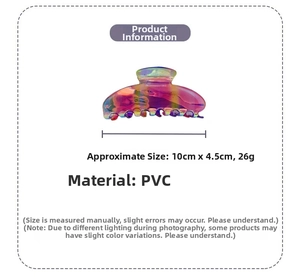 Detailed size chart for the iridescent Y2K hair claw clip with PVC material specs