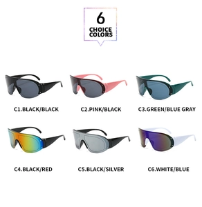 Flat lay of six colorful Y2K wrap-around sports sunglasses for outdoor cycling and hiking