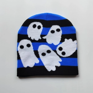 Blue and black striped knit beanie with white ghost patterns for outdoor hip-hop style