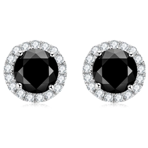Classic round black moissanite stud earrings in S925 sterling silver halo setting