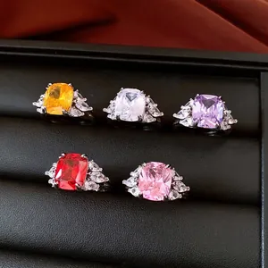 Square Cushion Cut Zircon Open Ring Copper French Vintage Luxury Hand Jewelry For Women Adjustable Accessory