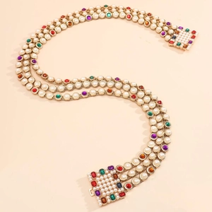 Golden multi-layer waist chain featuring white pearls and colorful rhinestones for evening gala