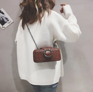 Vintage Women Crossbody Bag PU Leather Fashion Rivet Rhinestone Buckle Metal Chain Strap Small Square Bag