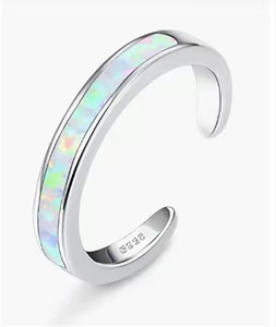 Close-up of S925 sterling silver open ring featuring iridescent opal stone inlay