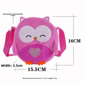 Detailed view of pink plush owl bag showing 15.5x16cm dimensions and soft texture