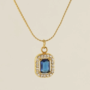 18K gold plated double layer necklace with square emerald cut blue zircon pendant