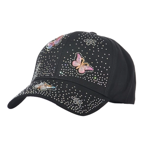 Detail of black baseball cap featuring sparkling rhinestones and colorful 3D butterflies