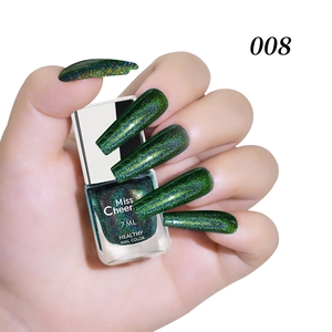 Detailed view of Miss Cheer 7ml holographic laser nail polish in vibrant green glitter