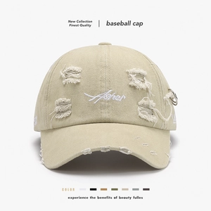 Vintage Distressed Cotton Baseball Cap Letter Embroidery Torn Streetwear Outdoor Hat With Metal Ring Unisex