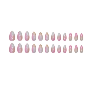 Rainbow almond press-on nails with white lace floral pattern and pink ombre gradient