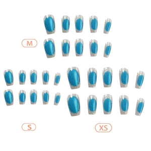 Blue cat eye handmade press-on nails with silver glitter edging in sizes XS S M