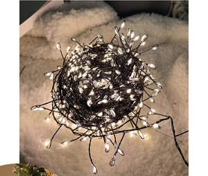 Close-up of warm white LED cluster lights on soft white faux fur background for decor