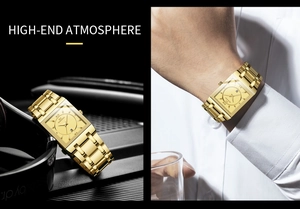 Detail of gold rectangular quartz watch with Roman numerals and date window on male wrist