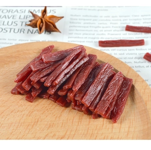 Miniature dollhouse food prop showing realistic PVC beef jerky strips on wooden plate
