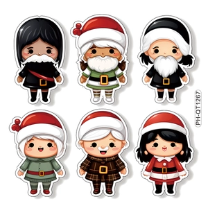 Set of 6 cute cartoon Christmas stickers featuring Santa Claus and winter characters