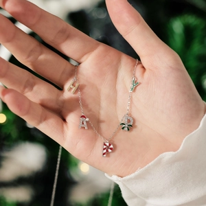 S925 Sterling Silver HAPPY Christmas Necklace with zircon and festive enamel charms