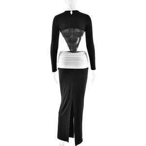 Detail of the backless cutout design and white pleated waist on this long sleeve dress