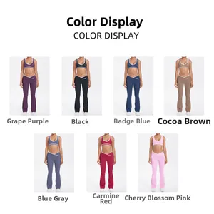 Detail view of high-waist flared yoga pants featuring a stylish color-block V-shaped crossover