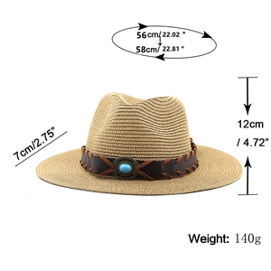 Wide brim straw jazz hat with turquoise leather band and size dimensions marked