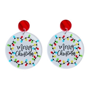 Christmas round acrylic drop earrings with colorful fairy light patterns and Merry Christmas text