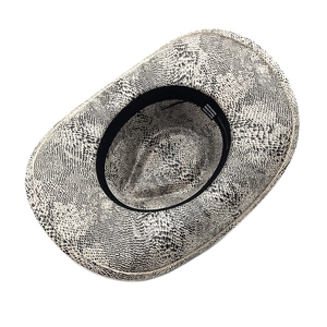 Detail of snake print texture and inner sweatband on western cowboy hat made of polyester