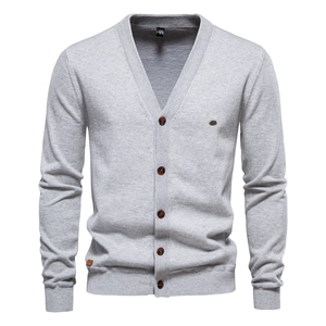 Detail of light grey knit cardigan with V-neckline and five-button closure for men