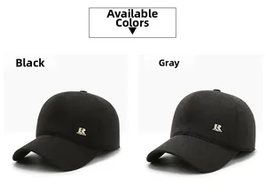 Detail of wool baseball cap showing gray and black colors with a silver R logo