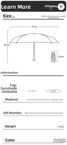 Detailed size chart for compact five-fold umbrella with 15cm storage and UV protection