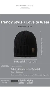 Detailed size chart for black cable knit beanie showing 21x23.5cm dimensions and weight