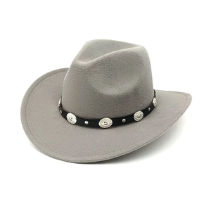 Detail view of grey felt cowboy hat with bohemian leather band and silver studs