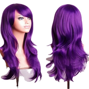 Long curly purple wig with bangs for cosplay, 70cm heat resistant synthetic hair view