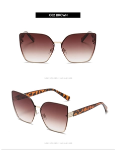 Detail view of brown cat-eye sunglasses with tortoiseshell temples and gold hinges