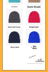 Detail view of multi-color knitted beanies in teal, khaki, grey, red, navy and royal blue