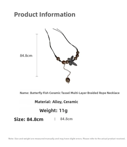 Detailed size specifications for vintage ethnic beaded necklace with butterfly fringe