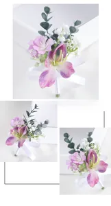 Detailed view of handmade purple lily boutonniere with white ribbon and eucalyptus leaves