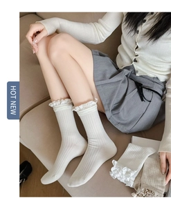 Detail of creamy white cotton crew socks with delicate lace trim and ribbed texture