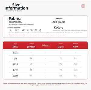 Guide des tailles pour débardeur de yoga recyclé avec détails tissu et mesures