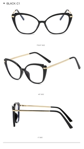 Three-angle view of black cat-eye glasses frame with sleek gold metal temples