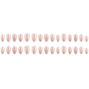 Detailed view of nude pink gradient almond press-on nails with bows and pearls